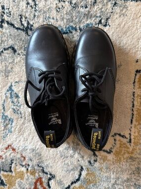 Dr. Martens Black Leather 3-Eye Lace-Up Oxfords with Yellow Pull-Tab